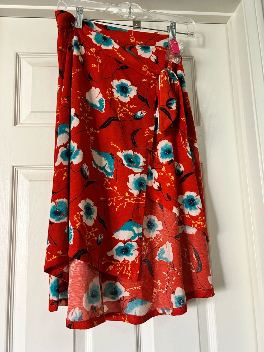 Xhilaration Red Floral Asymmetrical Wrap Skirt with Teal Accents